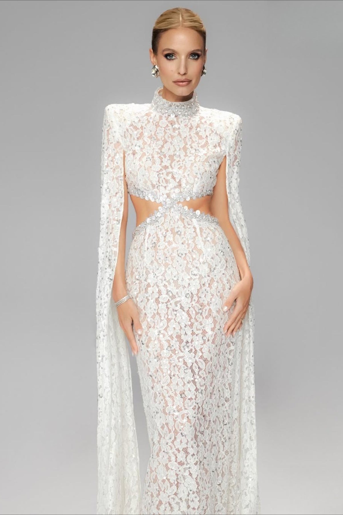 Lace Beaded Sequin Slim Cape Reception Dress image 2