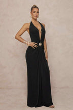Deep V Halter Ruched Metal Trim Backless Maxi Dress image 8