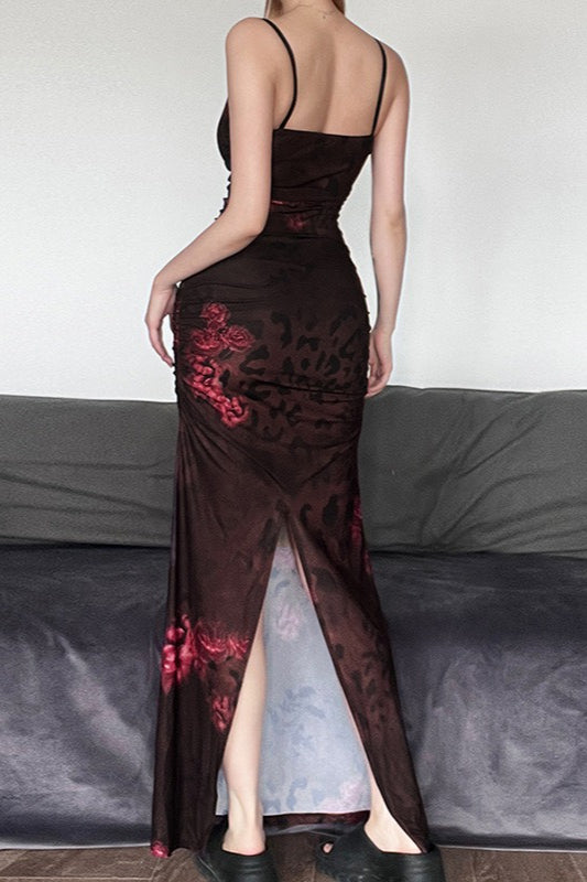 Vintage Spaghetti Strap Bodycon Retro Print Maxi Dress image 4