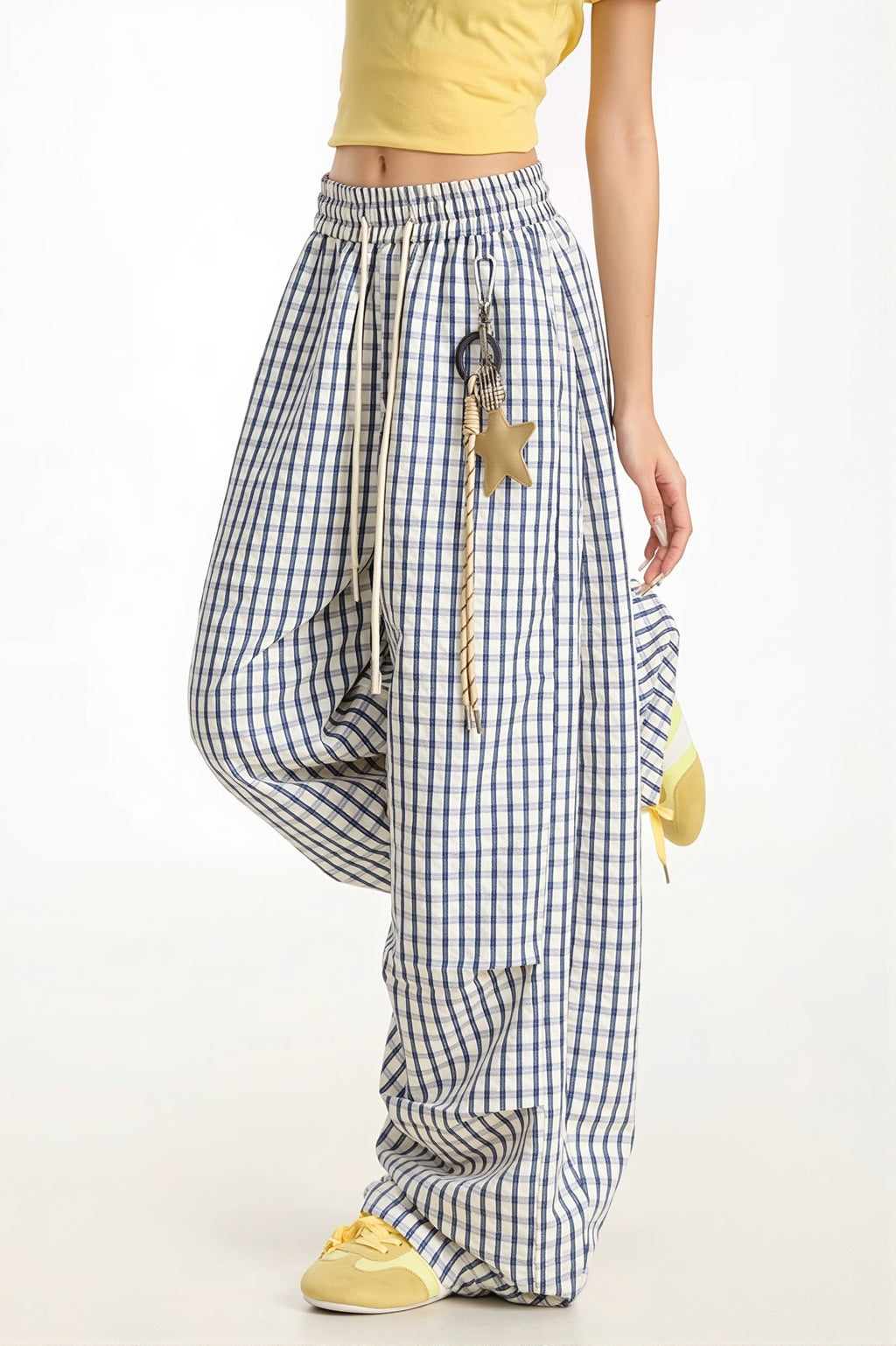 Casual Blue Plaid Curved Pants image 4