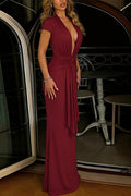 Chic Solid Deep V Short Sleeve Tie Waist Slim Maxi Dress image 7