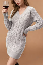 V-Neck Solid Cable-Knit Sweater Mini Dress image 10