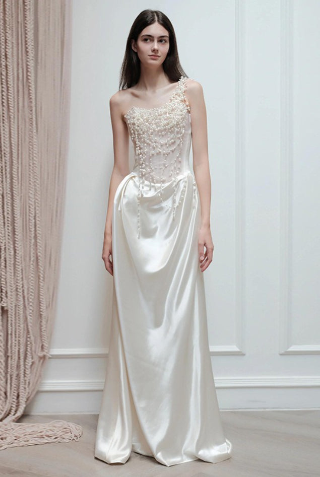 Strapless Satin Heavy Pearl Prom Dress image 2