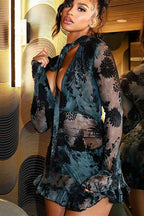 Deep V Floral Mesh Tie Mini Dress image 3