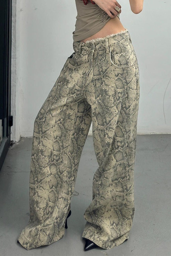 Snake Print Wide Leg Low Waist Frayed Jeans image 1