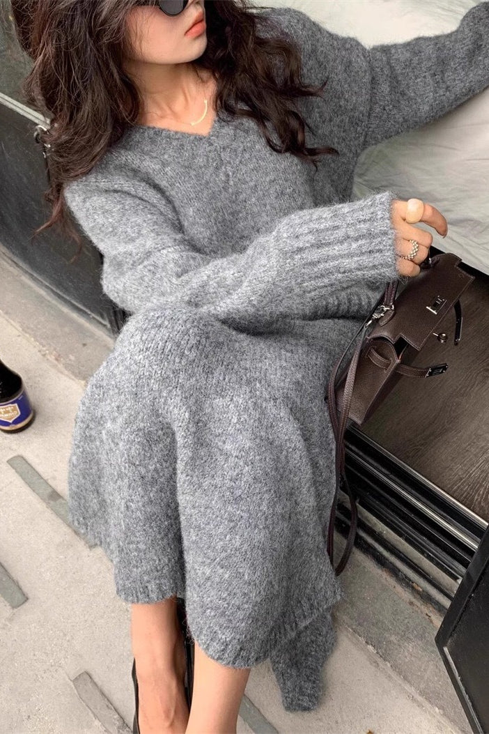 Lazy V-neck Knit Sweater Mermaid Skirt Two Piece Set image 6