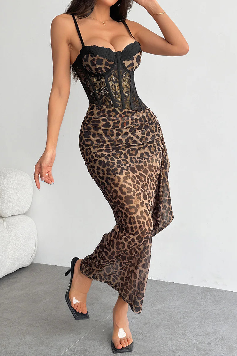 Wild Leopard Print Lace Cami Bodycon Maxi Dress image 4