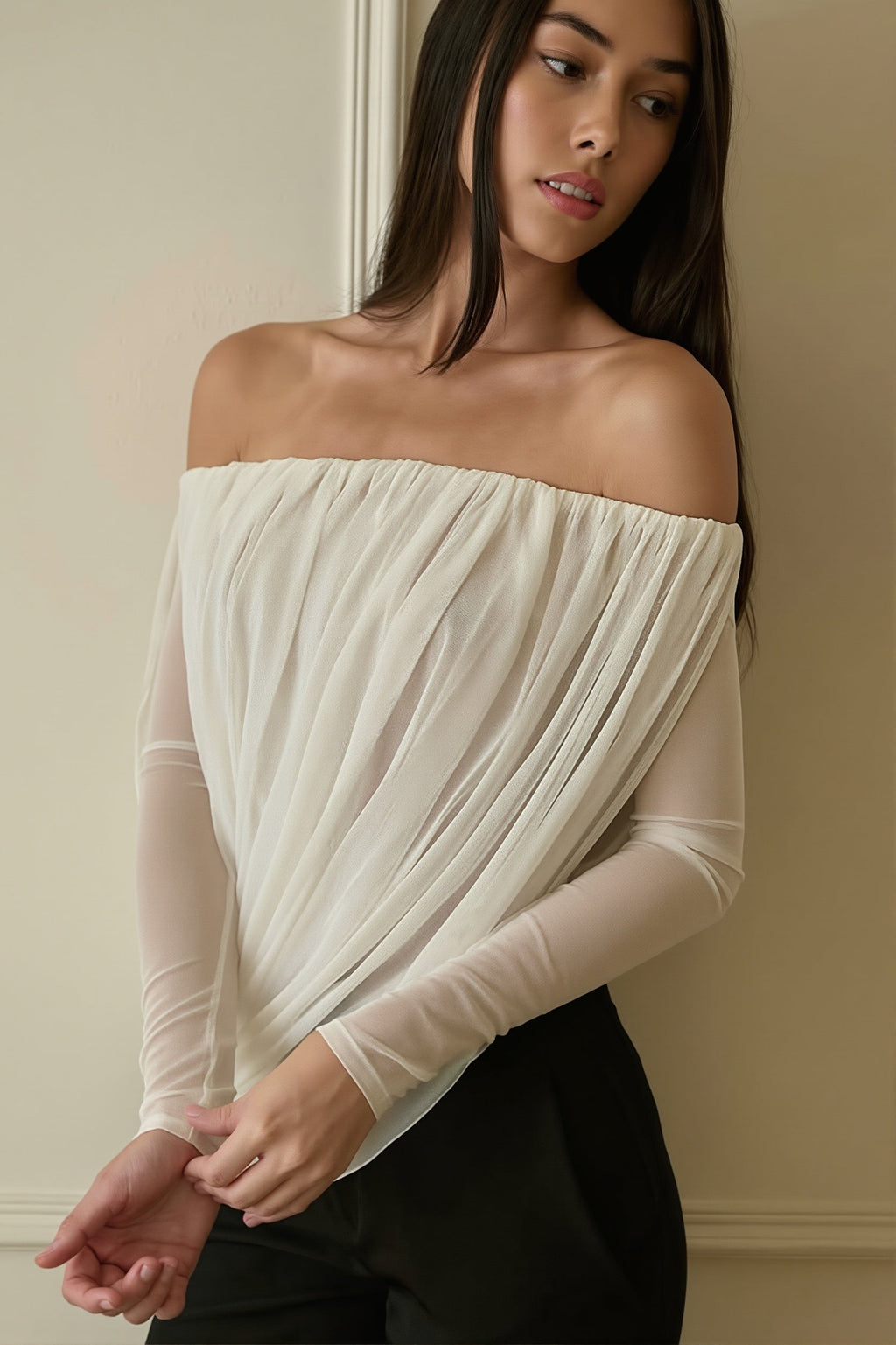 Off Shoulder Long Sleeve Ruched Strapless Sexy Blouse image 2