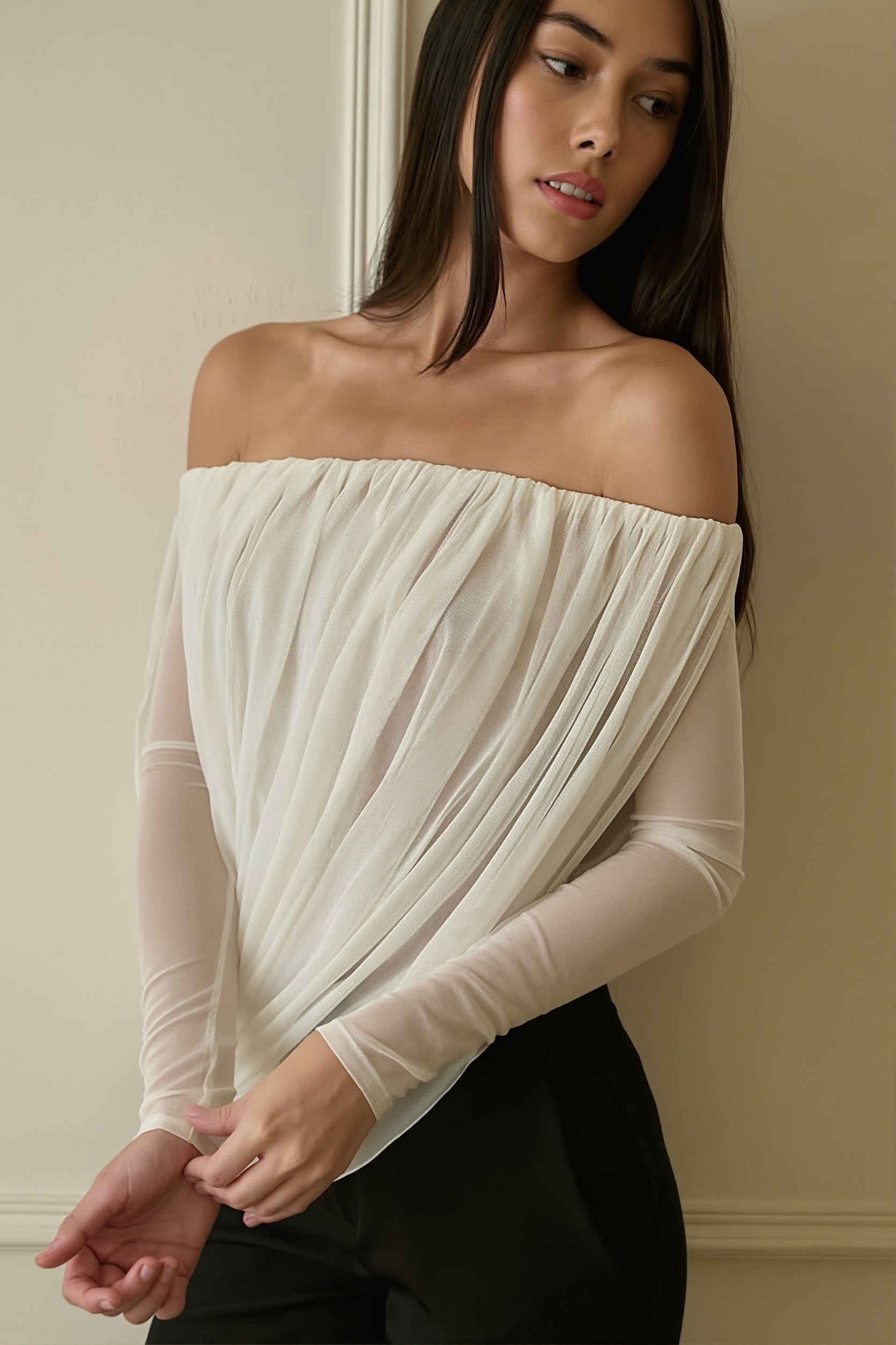 Off Shoulder Long Sleeve Ruched Strapless Sexy Blouse image 2