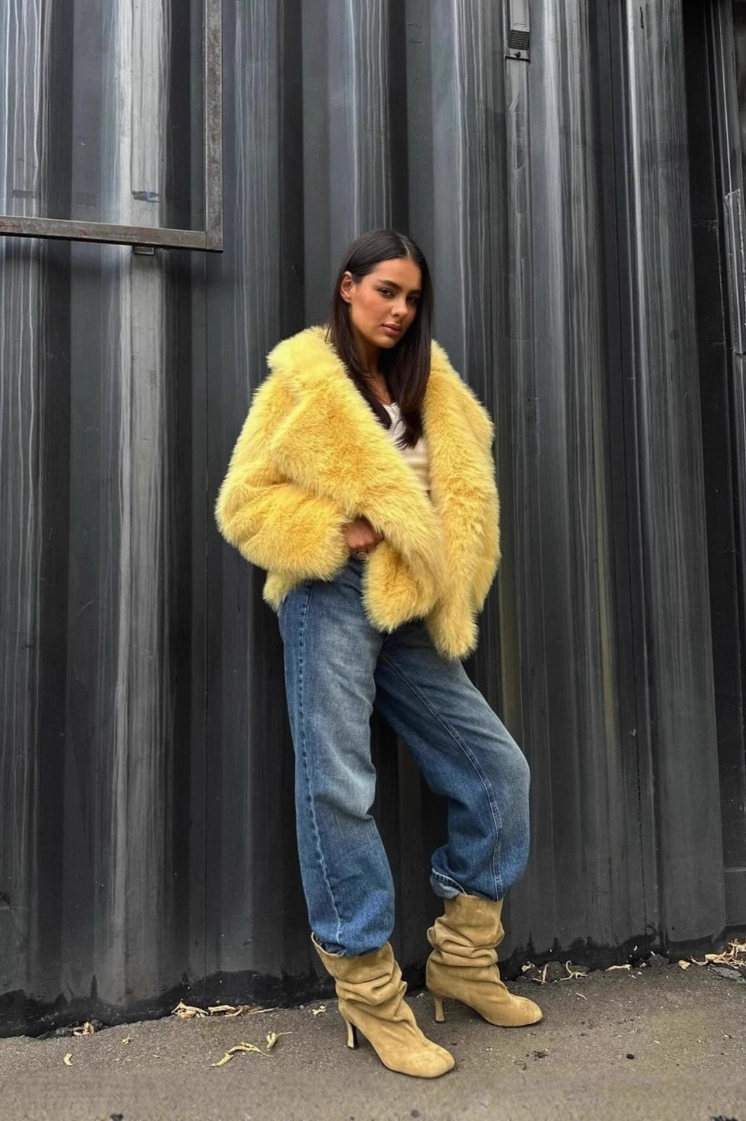 Yellow Faux Fur Open Front Coat image 4