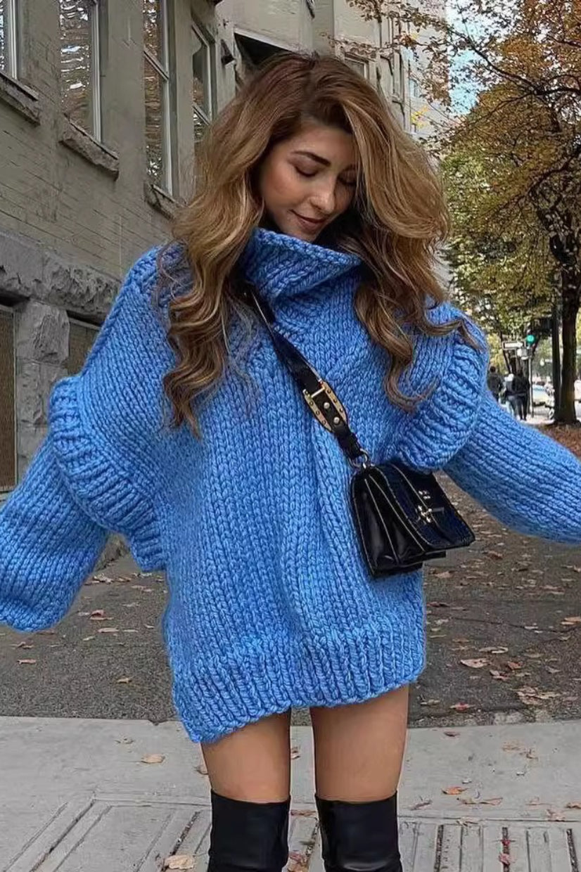 Solid Patchwork Chunky Fluffy Turtleneck Sweater image 4