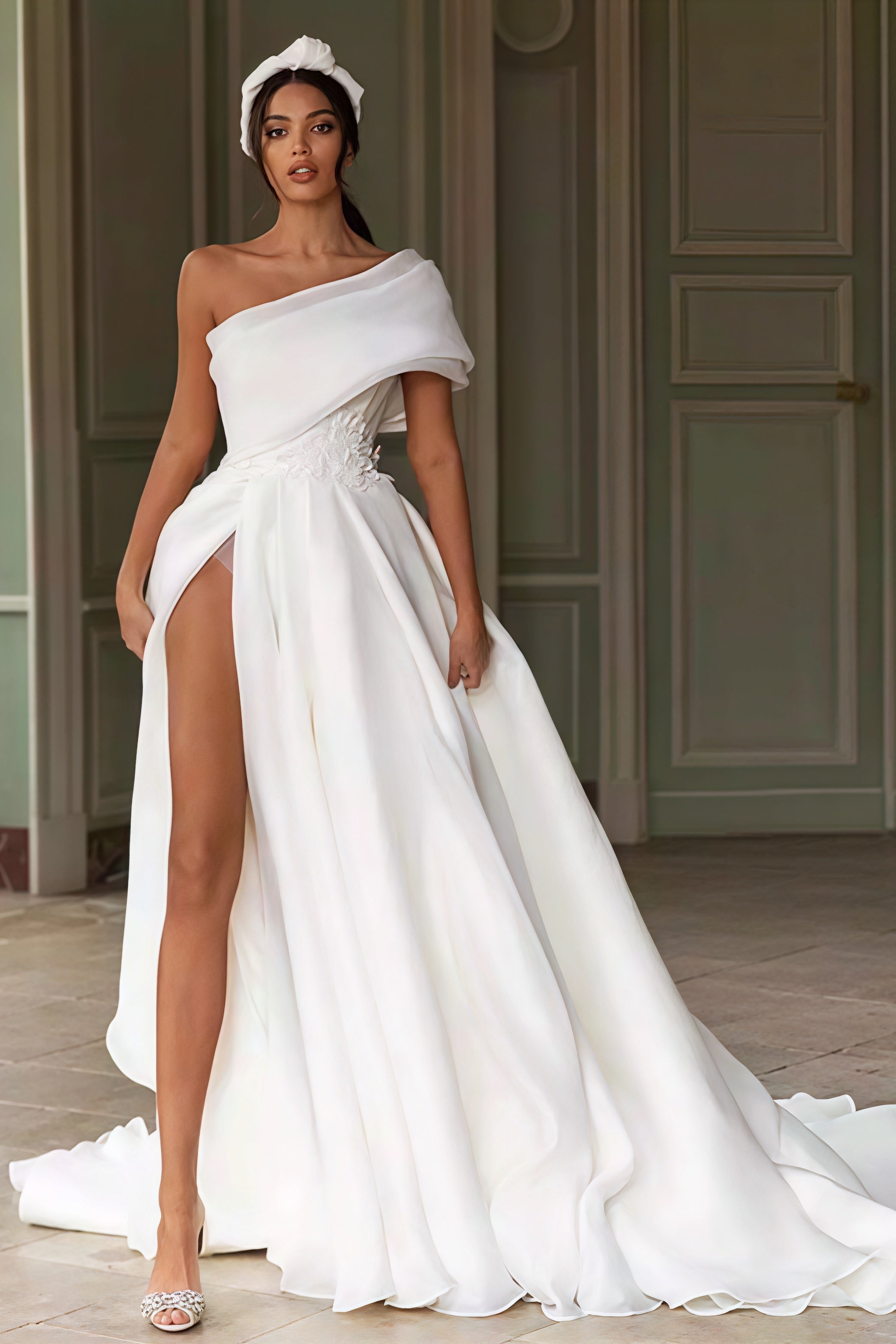 Asymmetrical Shoulder Elegant Wedding Dress image 1