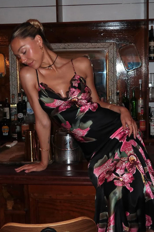 Vintage Floral V-neck Cami Bodycon Maxi Dress image 1