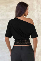 Asymmetric Off Shoulder Lace Waist Slim Crop T-shirt image 6