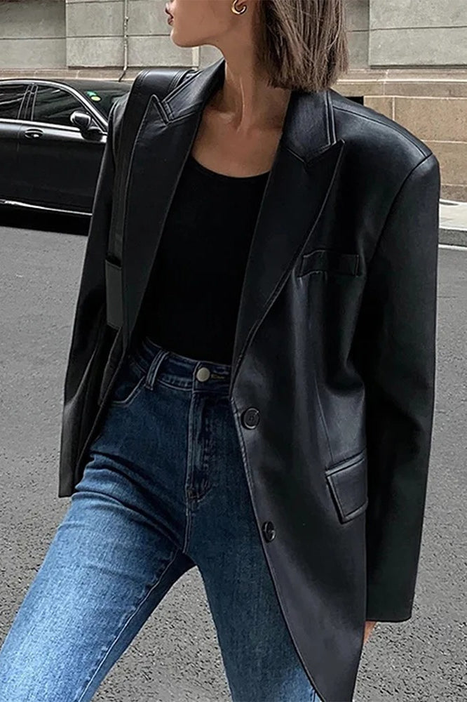 Black PU Leather Blazer Jacket image 11