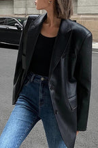 Black PU Leather Blazer Jacket image 11