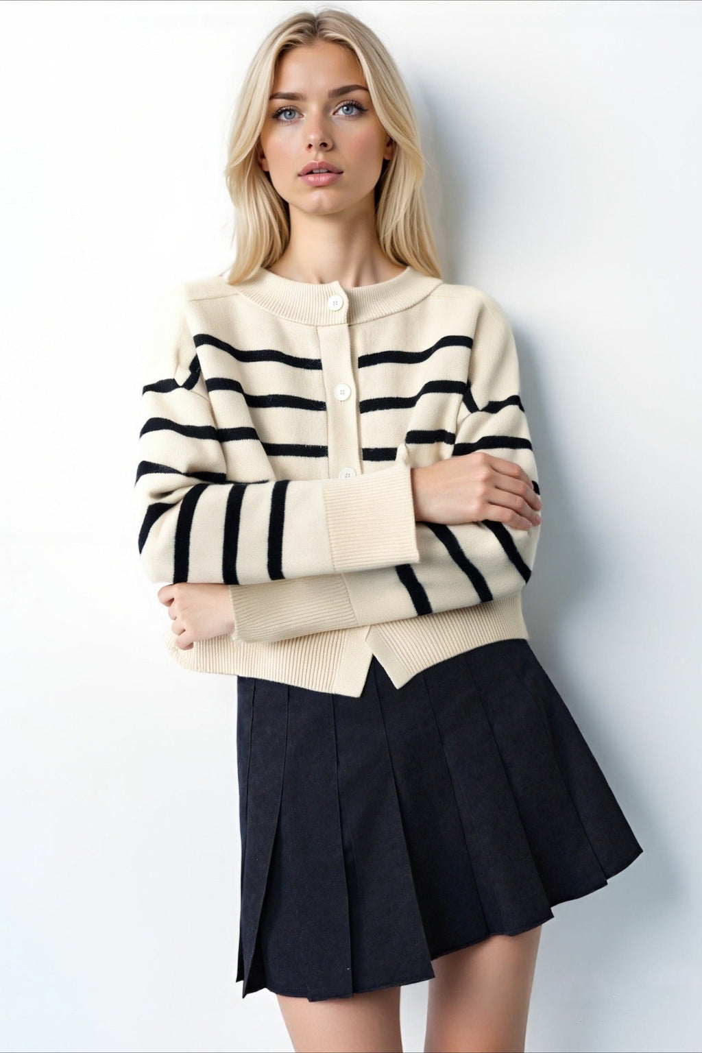 Crew Neck Striped Button Pocket Knit Cardigan image 2