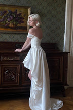 Satin Off Shoulder High Low Reception Dress image 7