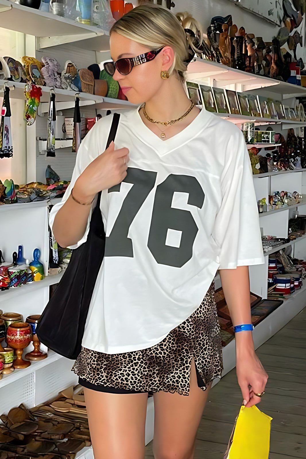 Casual Loose Number Print Off Shoulder Crew T-shirt image 7
