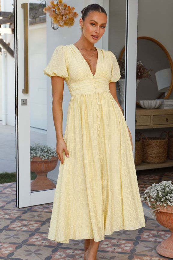 Solid V Neck Puff Sleeve Flared Midi Dress image 3
