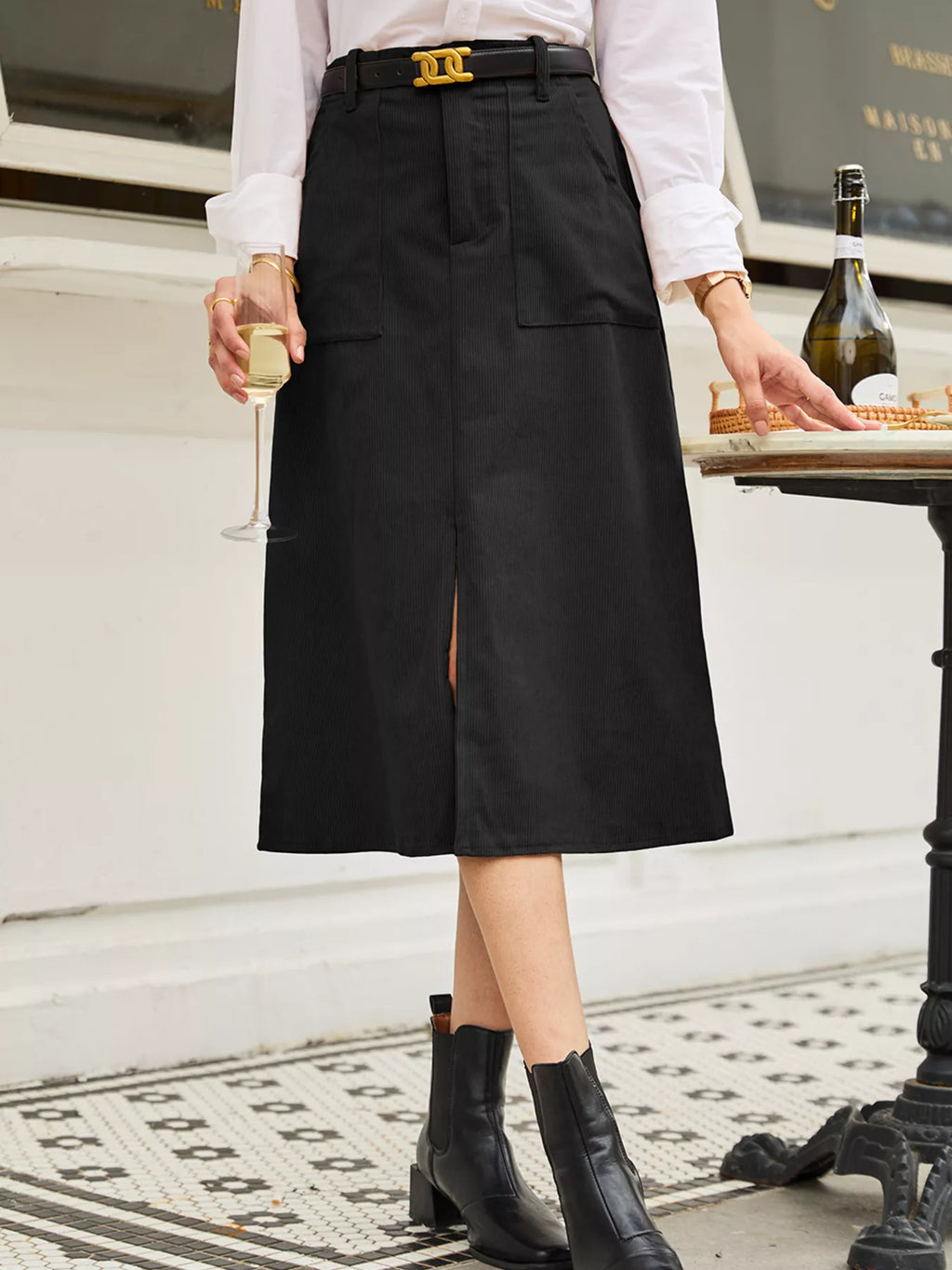 Celine Slit Midi Skirt detail view styled for Avrienne