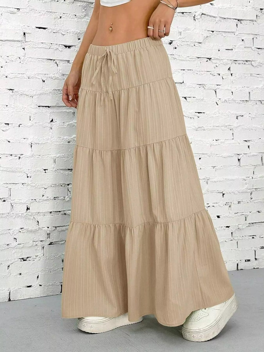Capri Tiered Maxi Skirt detail view styled for Avrienne