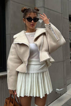 Chic Odd Zip Leather Fur Pieced Coat image 7