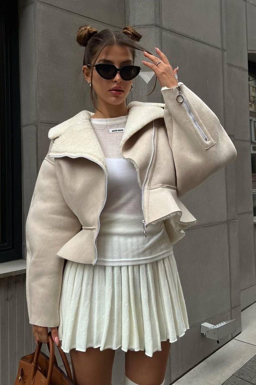 Chic Odd Zip Leather Fur Pieced Coat image 7