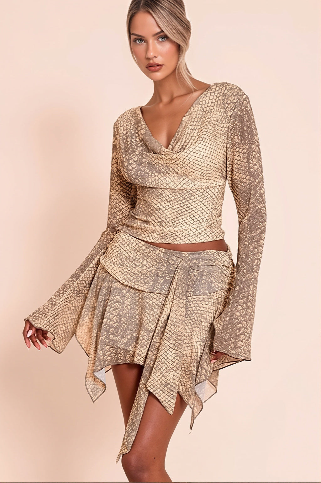 Flowy Snake Print Tie Detail Skirt Set image 1