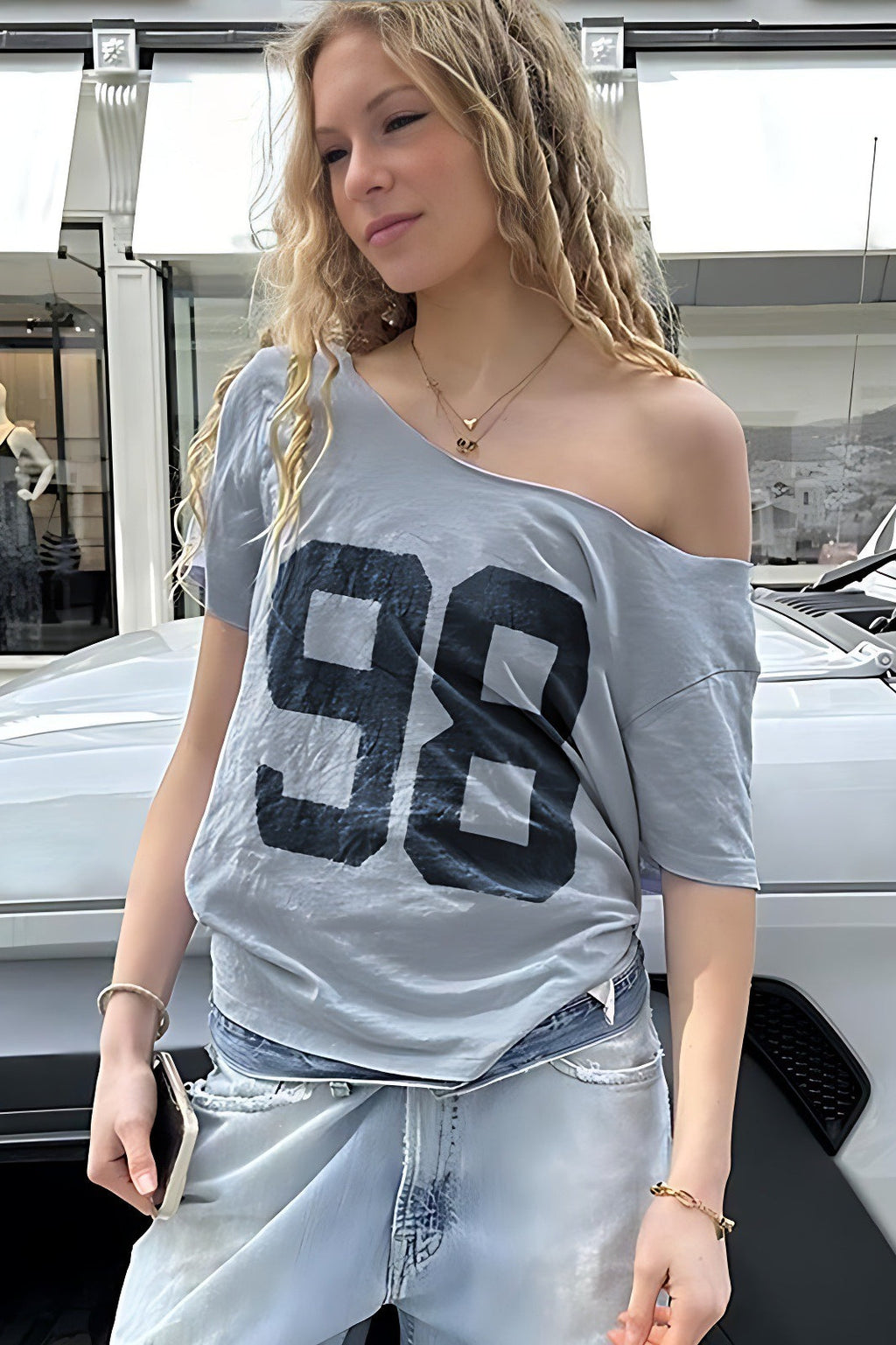 Casual Loose Number Print Off Shoulder Crew T-shirt image 1