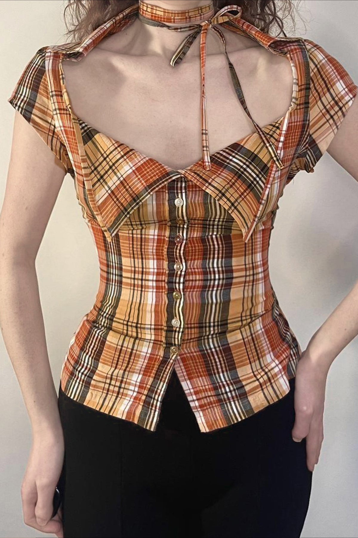 Plaid Fitted Waist Tie Neck Short Button Front Blouse image 2