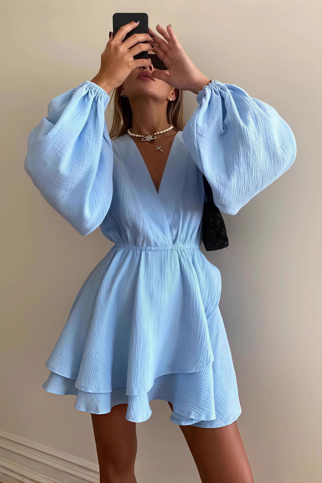 Fashion Solid Color Waist Cinching Mini Dress image 3