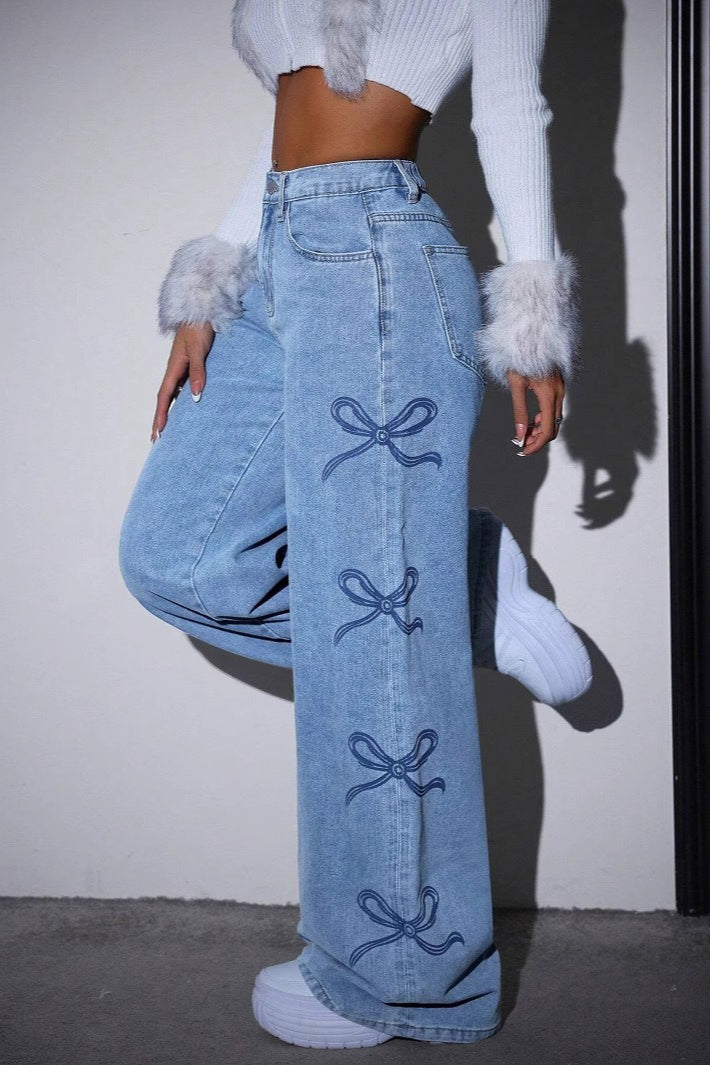High Waist Washed Bow Tie Jeans image 3
