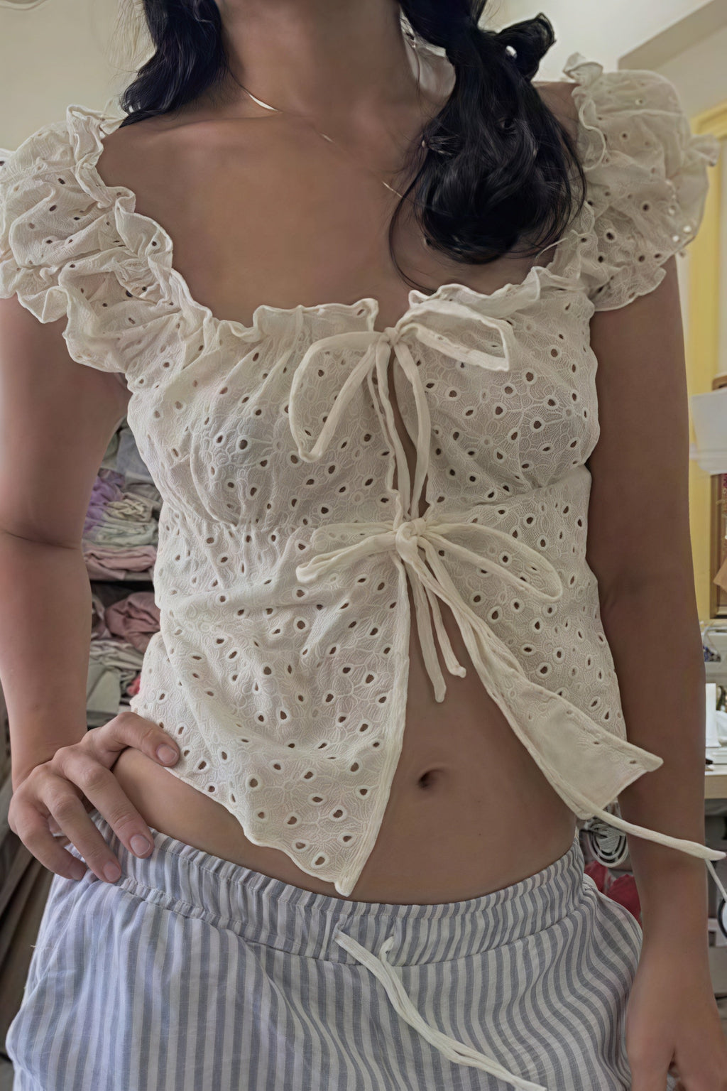 Lace Trim Tie Ruffle Tank Top image 2
