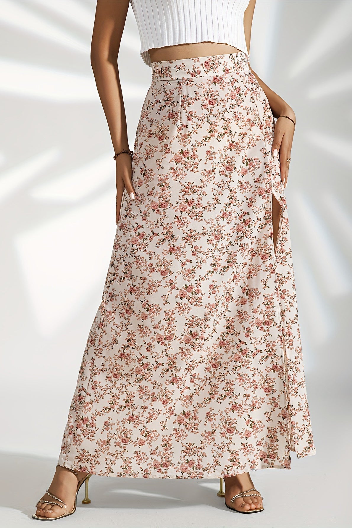 High Waist Split Floral Slim Maxi Skirt image 4