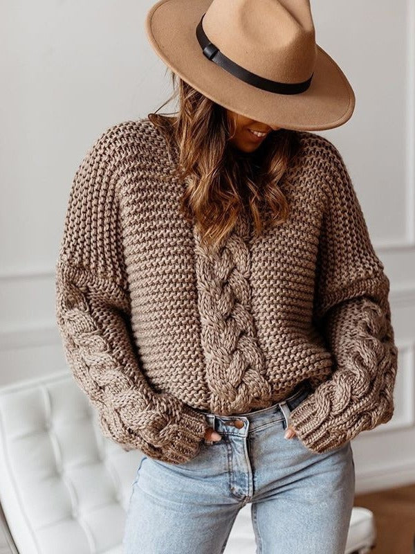 Casual Solid Color V-neck Cable Knit Sweater image 3
