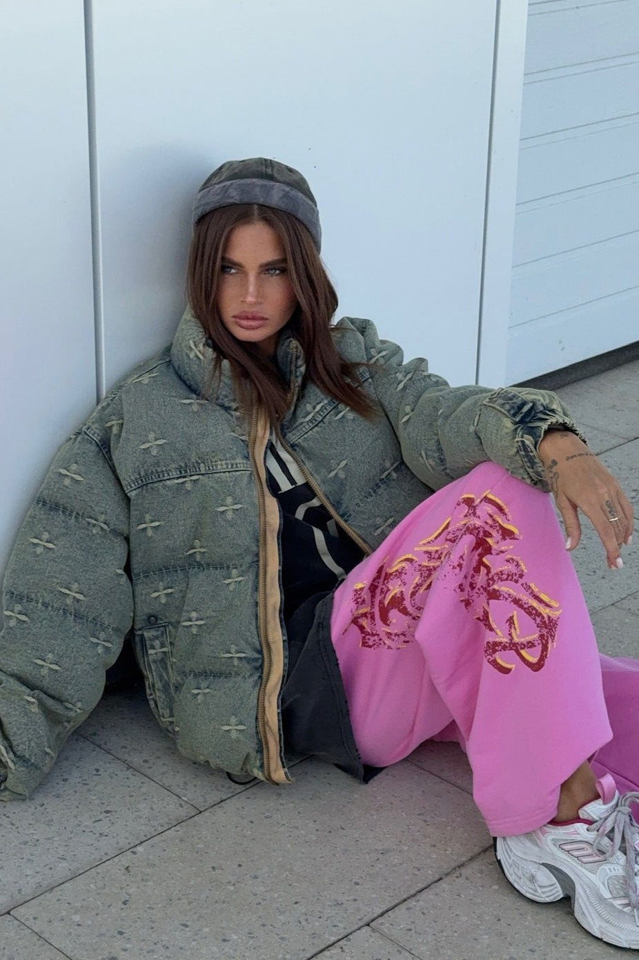 Vintage Washed Cross Embroidery Puffer Jacket image 7