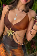Leopard Print Slim Backless Tie Waist Chain Maxi Dress image 6