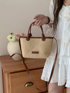 Lumi Straw Crossbody detail view styled for Avrienne