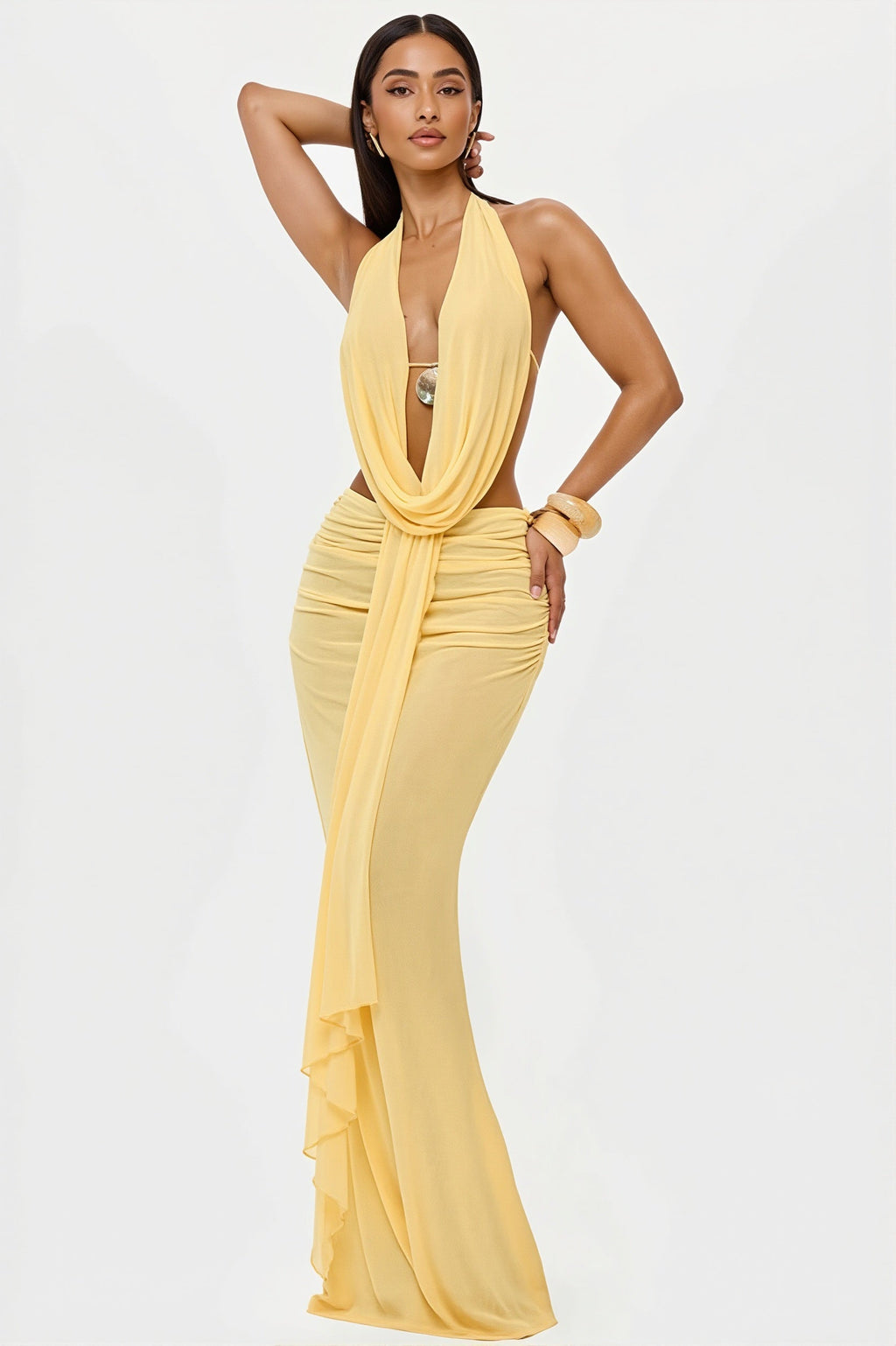 Sexy Cowl Neck Ruched Halter Backless Crop Top Skirt Sets image 1