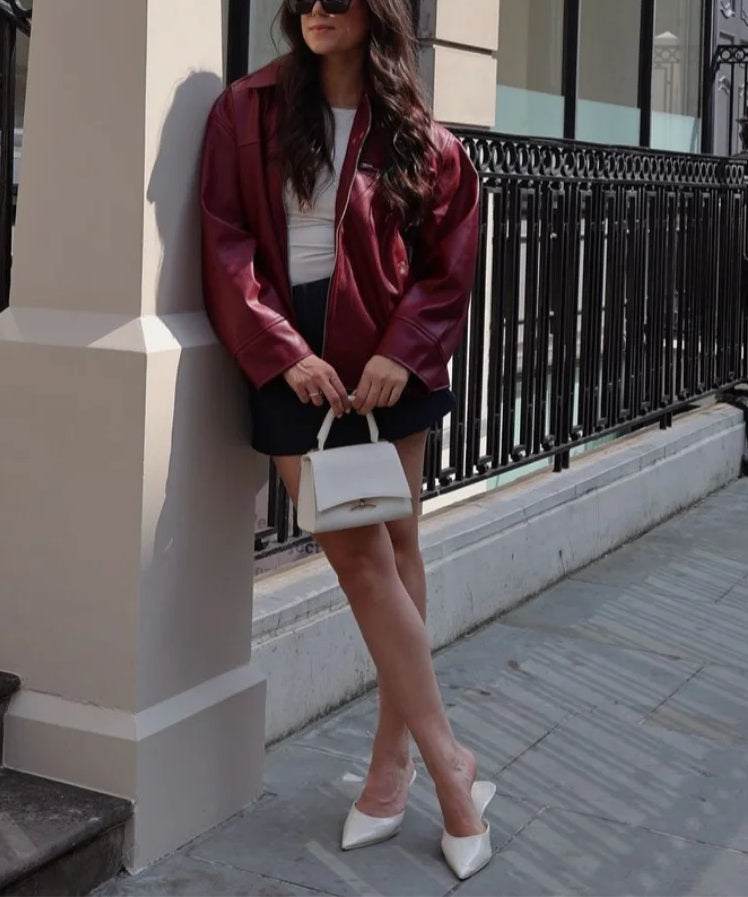 Red Wine Leather Lapel Coat image 4