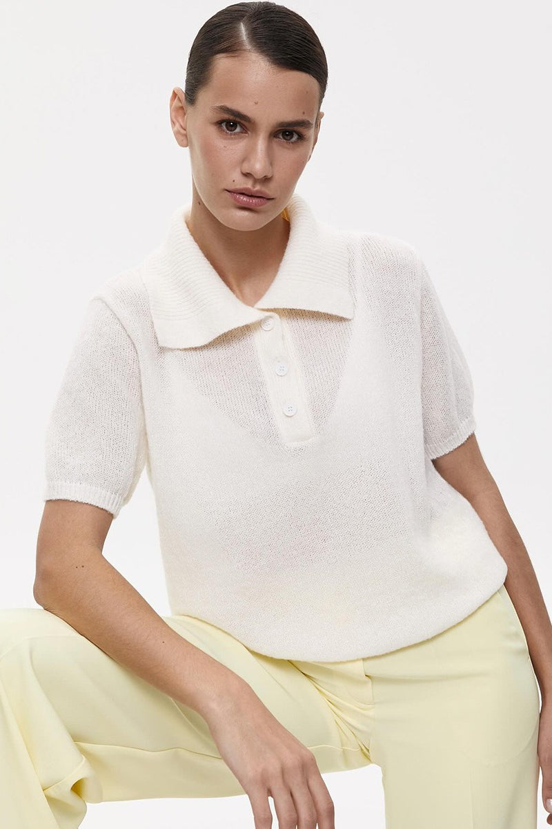 Minimalist Polo Hollow Knit Puff Sleeve Blouse image 9