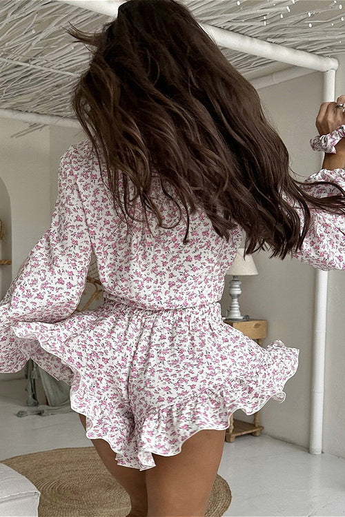 Long Sleeve Floral Collar Flip Shirt Ruffled Shorts Two Piece Set image 4