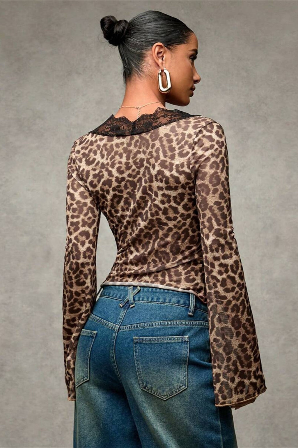 Lace Paneled Leopard Print Ruffled Cardigan Blouse image 2