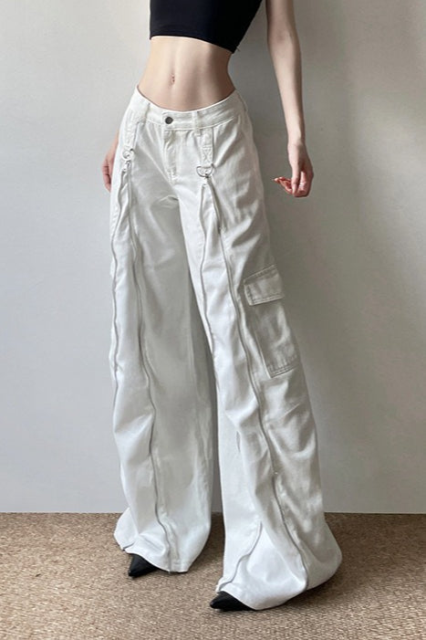 Long Zipper Pocket White Cargo Wide Leg Jeans image 3