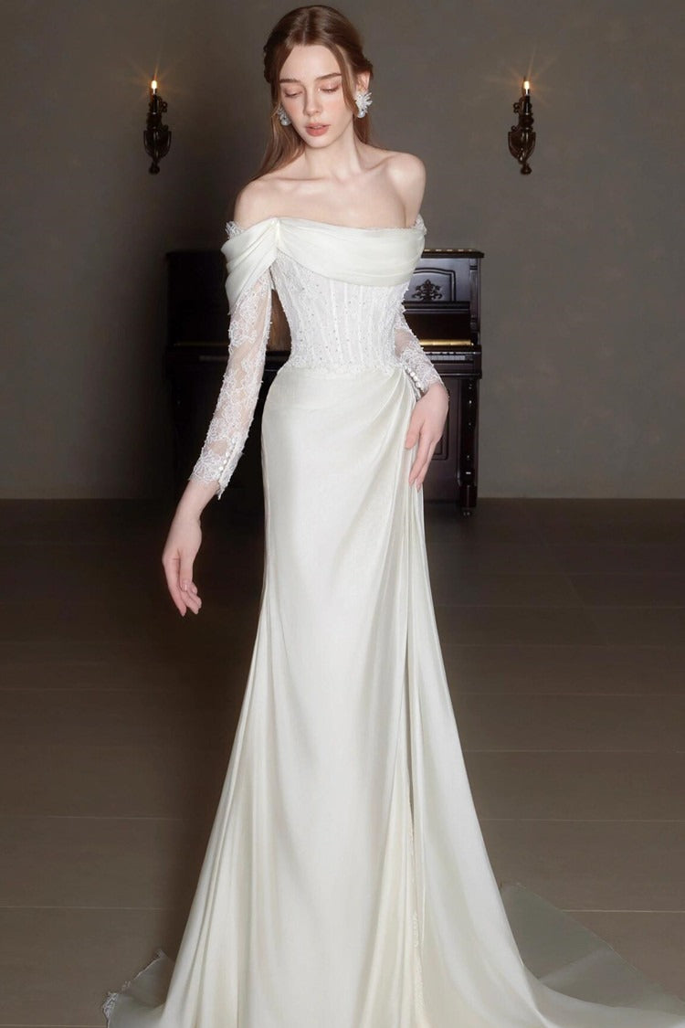 Off Shoulder Lace Satin Train Wedding Dress image 4