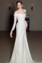 Off Shoulder Lace Satin Train Wedding Dress image 4