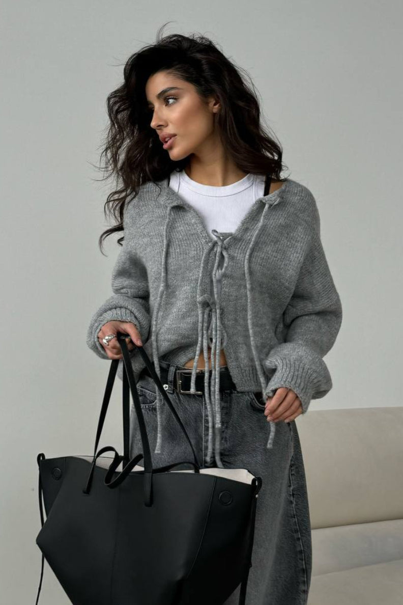 Solid Color Bow Tie Long Sleeve Knit Cardigan image 1