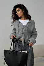 Solid Color Bow Tie Long Sleeve Knit Cardigan image 1