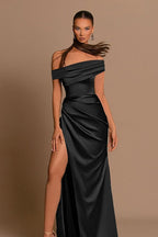 Silk Satin Off Shoulder Slit Formal Dress image 3